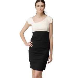 Joseph Ribkoff Slanted Neckline White Black Sheath Ruched Stretch Dress Size 12